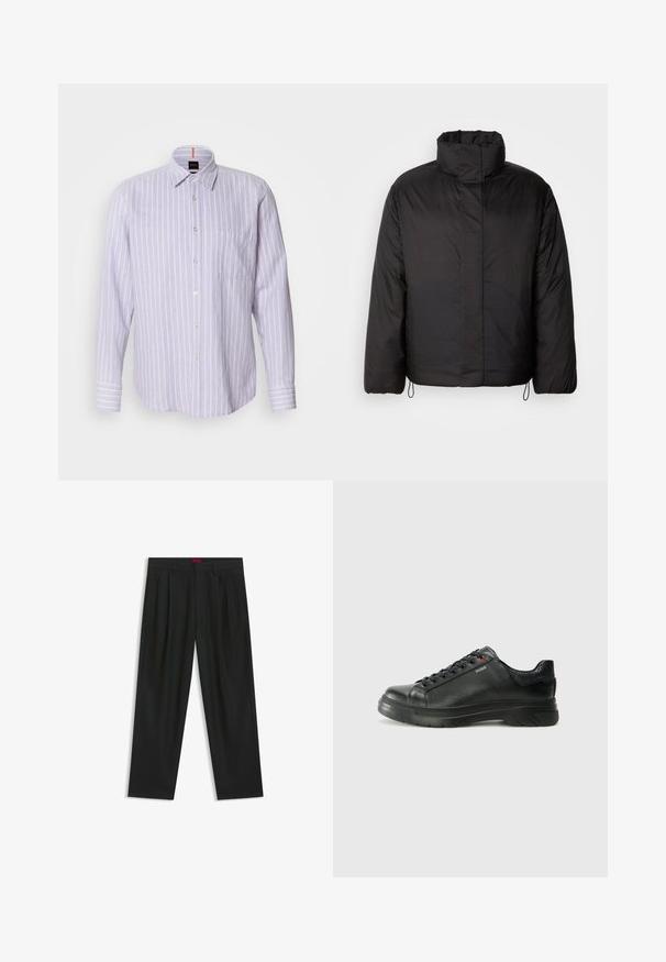 Schwarze Daunenjacke mit hohem Kragen, Reißverschluss vorne, langen Ärmeln und elastischen Kordeln am Saum. Glatte, leichte Textur.; Hellblau gestreiftes Hemd mit button-down Kragen, langen Ärmeln und einer Tasche auf der linken Brust. Verfügt über ein dezentes Logo-Detail.; Schwarze Hose mit einem gefältelten Design, weiter Beinform und glatter Textur. Verfügt über ein rotes Taillenlabel.; Schwarze Leder-Sneaker mit strukturiertem Obermaterial, gepolstertem Kragen und rotem Logo-Detail. Verfügt über eine dicke Gummisohle mit markantem Profil.