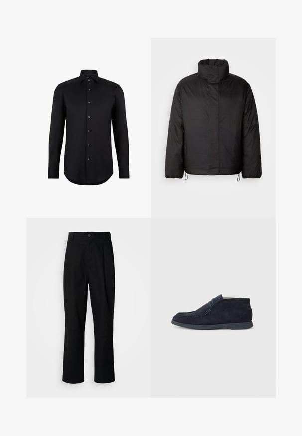Čierna bundu s vysokým golierom, zipsom vpredu, dlhými rukávmi a elastickými šnúrkami na okraji. Hladký, ľahký materiál.; Čierna košeľa s dlhým rukávom vyrobená z hladkej látky, s špicatým golierom a prednými gombíkmi, s zakriveným lemom a bez vzorov či akcentov.; Čierne nohavice s rovnými nohavicami, s gombíkovým pásom, pútkami na opasok a predným záhybom, vystavené na jednoduchej bielej pozadí.; Námornícky semišové chukka topánky s zaoblenou špičkou a prešívaním. Majú hladkú gumovú podrážku a minimalistický dizajn bez viditeľného loga.