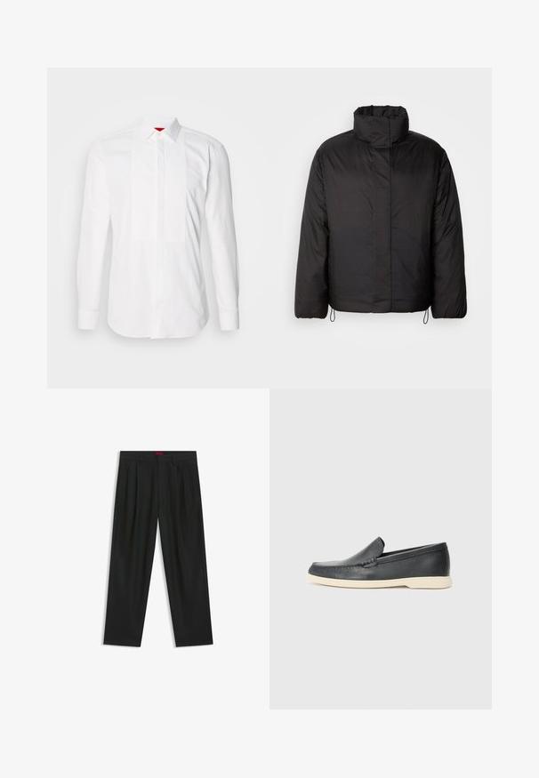 Giacca a vento nera con colletto alto, chiusura lampo frontale, maniche lunghe e cordini elastici all'orlo. Tessuto liscio e leggero.; Camicia bianca a maniche lunghe in cotone, caratterizzata da una patta frontale con pieghe verticali. Collo classico e polsini con bottone. Texture liscia.; Pantaloni neri con un design plissè, forma a gamba larga e texture liscia. Presentano un'etichetta rossa in vita.; Mocassini neri in pelle con finitura testurizzata e suola in gomma beige a contrasto. Presentano un accento sottile lungo la parte anteriore.