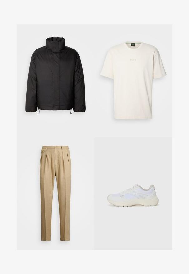 Svart dunjakke med høy krage, glidelås foran, lange ermer og elastiske snorer i kanten. Glatt, lett tekstur.; BOSS TEE - T-shirts - open white; Beige linbukser med rett snitt, med to frontfold, knappeåpning og sidelommer. Teksturt stoff med en glatt finish.; Hvit idrettssko laget av mesh og skinn, med en teksturert mellomsåle, teksturerte detaljer og "HUGO"-logo på siden.