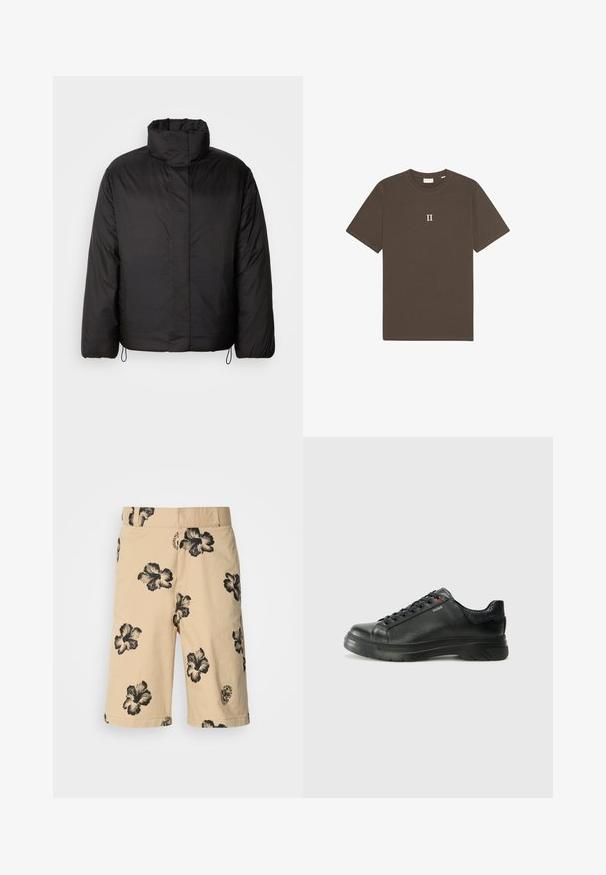 Mustapuffattu takki korkealla kauluksella, vetoketjukiinnityksellä, pitkällä hihalla ja joustavilla nyöreillä helmassa. Sujuva, kevyt rakenne.; Ruskea puuvillapaita, jossa on pyöreä pääntie ja lyhyet hihat. Paidassa on keskellä rintaosaa valkoinen "II" -graafinen kuvio.; Beige shorts dengan pola bunga hibiscus hitam. Dilengkapi dengan tali pinggang elastis dan detail logo di sisi bawah. Terbuat dari bahan ringan.; Musta nahkakengät, joissa on teksturoidun pinnan, pehmustettu kaulus ja punainen logo. Kengissä on paksu kumipohja, jossa on selkeä uramalli.
