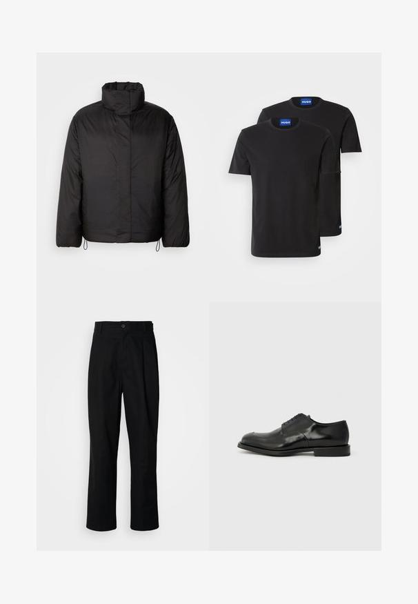 Melna pūkainā jaka ar augstu apkakli, ar rāvējslēdzēju priekšā, garām piedurknēm un elastīgām auklām apakšā. Gluda, viegla tekstūra.; Divas melnas kokvilnas T-kreklus ar apaļiem kakla izgriezumiem, īsām piedurknēm un ziliem "HUGO" uzrakstiem uz apkaklēm un sānu malām.; Melni taisni bikses ar pogu, jostu cilpiņām un priekšējo krokām, izliktas uz vienkārša balta fona.; Melnas ādas kleitu kurpes ar pulētu virsmu, noapaļota purngalu, pieci saišu caurumi un plakana gumijas zole. Gluda tekstūra ar minimāliem akcentiem.