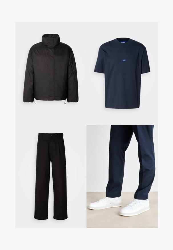 Schwarze Daunenjacke mit hohem Kragen, Reißverschluss vorne, langen Ärmeln und elastischen Kordeln am Saum. Glatte, leichte Textur.; Marineblaue Baumwollt-shirt mit Rundhalsausschnitt, kurzen Ärmeln und einem kleinen blauen Logo auf der Brust. Glatte Textur, entspannte Passform.; Schwarze Hosen aus glattem Stoff, mit geradem Bein, vornehme Falten und einem einzigen Knopfverschluss an der Taille.; Weiße Sneaker mit perforierten Details an der Spitze und an der Seite, kombiniert mit navyfarbenen Hosen, vor einem neutralen Bodenhintergrund.