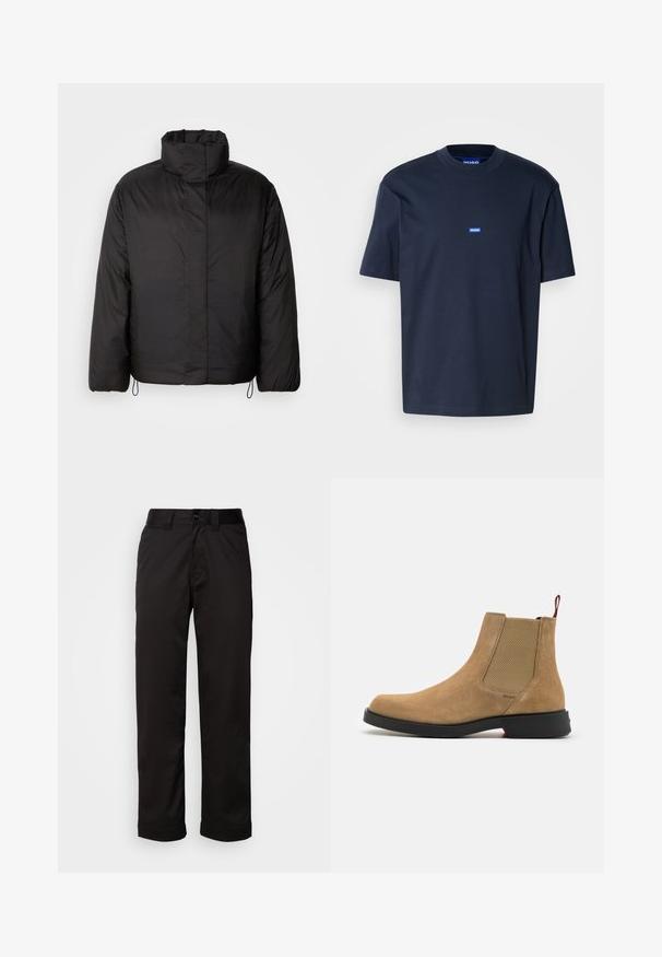 Black puffer jacket with high collar, zippered front, long sleeves, and elastic drawstrings at the hem. Smooth, lightweight texture.; Navy blue cotton t-shirt featuring a crew neckline, short sleeves, and a small blue logo on the chest. Smooth texture, relaxed fit.; Black trousers made of smooth fabric, featuring a zip fly, button closure, and rolled cuffs for a casual design.; HUGO IKER - Classic ankle boots - medium beige