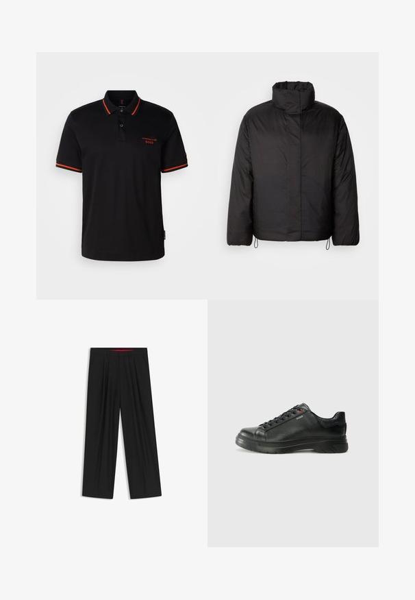 Svart pufferjacka med hög krage, dragkedja framtill, långa ärmar och elastiska snoddar vid fållen. Slät, lätt textur.; Svart piké med röda detaljer på kragen och ärmarna. Har en knäppning i halsen och en broderad Porsche BOSS-logotyp i rött.; Svarta vida byxor med slät front, två sidofickor, veckad design och en kontrasterande röd midjeresår.; Svart lädersneaker med texturerad ovandel, vadderat krage och röd logotypdetalj. Utrustad med en tjock gummisula med distinkt mönster.