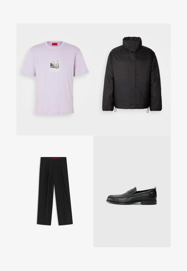 Sort puffers jakke med høj krave, lynlåslukning foran, lange ærmer og elastiske snøre i kanten. Glat, let tekstur.; Lys lavendelfarvet t-shirt lavet af bomuld, med et centralt grafisk tryk af en blæksprutte i sort og hvid, med røde logo accenter.; Sorte brede bukser med flad front, to sidelommer, plisseret design og en kontrastfarvet rød inderside på linningen.; Sorte læder loafers med en tekstureret frontpanel og glatte sider. Har en slank hæl og en bageste løkke til nem påtagning. Klassisk design.