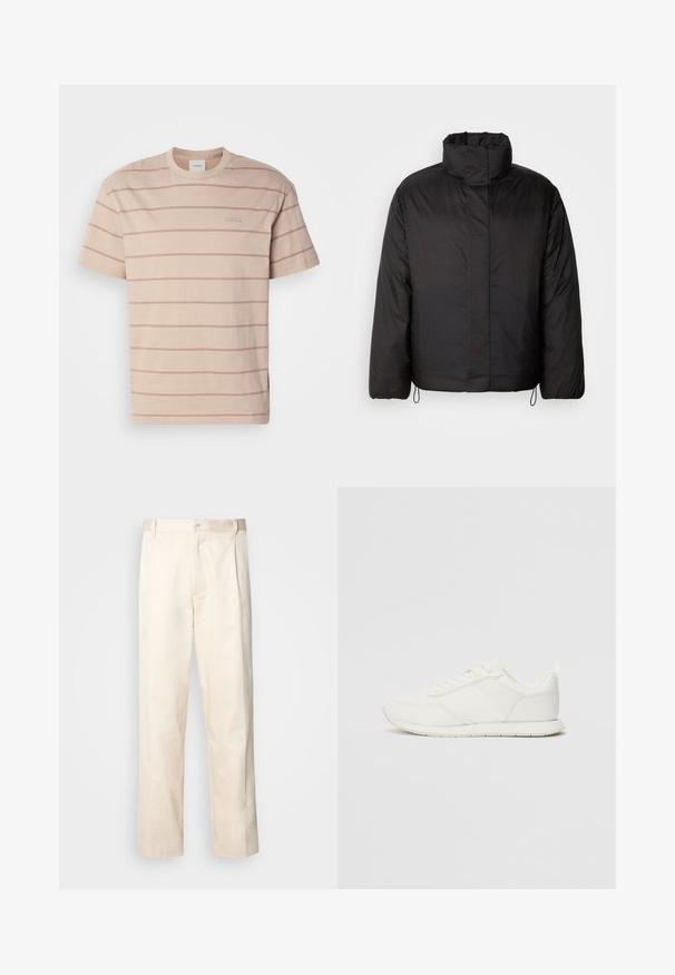 Svart dunjakke med høy krage, glidelås foran, lange ermer og elastiske snorer i kanten. Glatt, lett tekstur.; Kortermet beige t-skjorte med rund hals, med lyserøde horisontale striper og en liten merke på forsiden. Laget av myk bomull.; Beige bomullsbukser med rett benfatt, med knappelukking og folder foran for ekstra detaljer.; Hvit sneaker med en mesh- og syntetisk overdel, rund tå, flate lisser og en teksturert sidestropp. Gummisåle med en pull-tab bak.