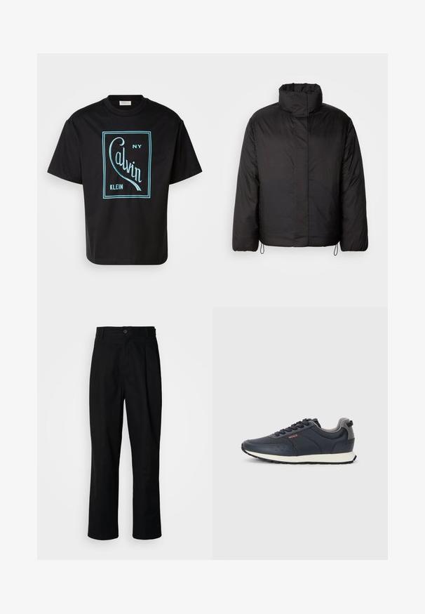 Svart dunjakke med høy krage, glidelås foran, lange ermer og elastiske snorer i kanten. Glatt, lett tekstur.; Svart bomull t-skjorte med en dristig turkises grafisk design som leser "Calvin Klein NY" innenfor en rektangulær ramme. Korte ermer.; Sorte bukser med rette ben, med knappet liv, belteholdere og frontfold, vist mot en enkel hvit bakgrunn.; Marineblå sneakers med en glatt syntetisk overdel, rund tå, grå detaljer, snøring, og en hvit mellomsole med en teksturert svart yttersåle.