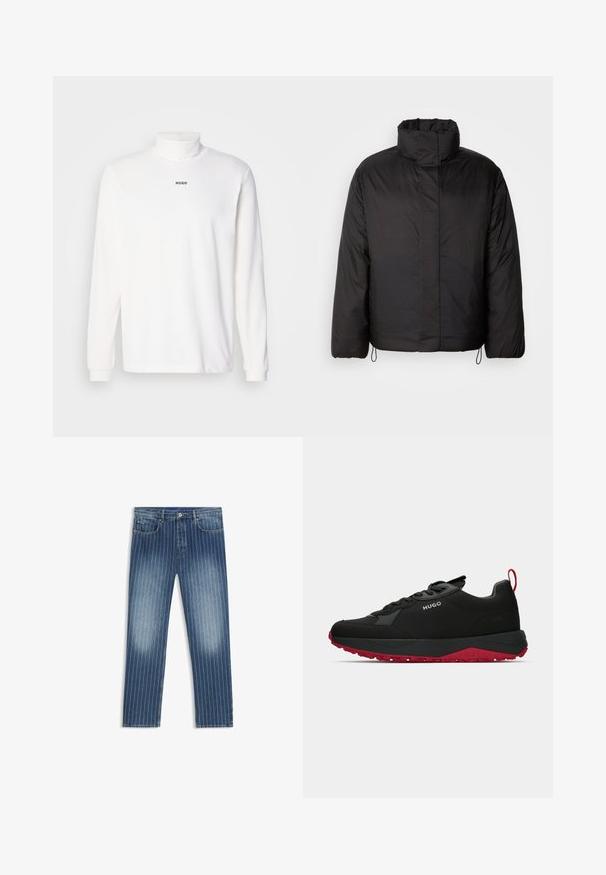Melna pūkainā jaka ar augstu apkakli, ar rāvējslēdzēju priekšā, garām piedurknēm un elastīgām auklām apakšā. Gluda, viegla tekstūra.; Baltas garās piedurknes augstsvītra krekls, izgatavots no mīksta auduma, ar smalku melnu "HUGO" logotipu priekšpusē un piegulošām aprocēm.; Denima džinsi ar strīpota raksta, vidēji zila krāsa, izbalējušas sadaļas, taisna kāju griezuma, pieci kabatas un metāla pogas aizdare.; Melnas sporta kedas ar sarkanu zoli, ar gludu augšējo materiālu, ar auklām un aizmugurējo cilpu. Dekorētas ar sudraba logotipu.