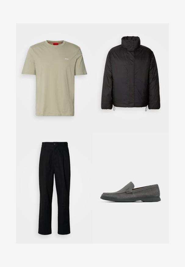 Svart dunjakke med høy krage, glidelås foran, lange ermer og elastiske snorer i kanten. Glatt, lett tekstur.; Lys oliven grønn bomulls T-skjorte med rund hals. Har en liten hvit "HUGO" logo på venstre bryst. Korte ermer, glatt tekstur.; Sorte bukser med rette ben, med knappet liv, belteholdere og frontfold, vist mot en enkel hvit bakgrunn.; Grå semsket skinn loff med rund tå, stikning detaljer, og en lav gummisåle. Har et slip-on design uten synlig maskinvare.