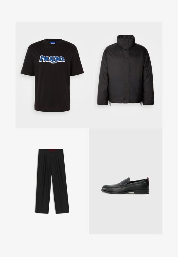Schwarze Daunenjacke mit hohem Kragen, Reißverschluss vorne, langen Ärmeln und elastischen Kordeln am Saum. Glatte, leichte Textur.; Schwarzes Baumwoll-T-Shirt mit blauem "hugo."-Logo und einem gemusterten Design. Kurze Ärmel und Rundhalsausschnitt.; Schwarze weit geschnittene Hosen mit flachem Bund, zwei seitlichen Taschen, gefaltetem Design und einem kontrastierenden roten Innenbund.; Schwarze Lederloafers mit einem strukturierten Vorderteil und glatten Seiten. Sie verfügen über einen schmalen Absatz und eine Schlaufe an der Rückseite für einfaches Anziehen. Klassisches Design.