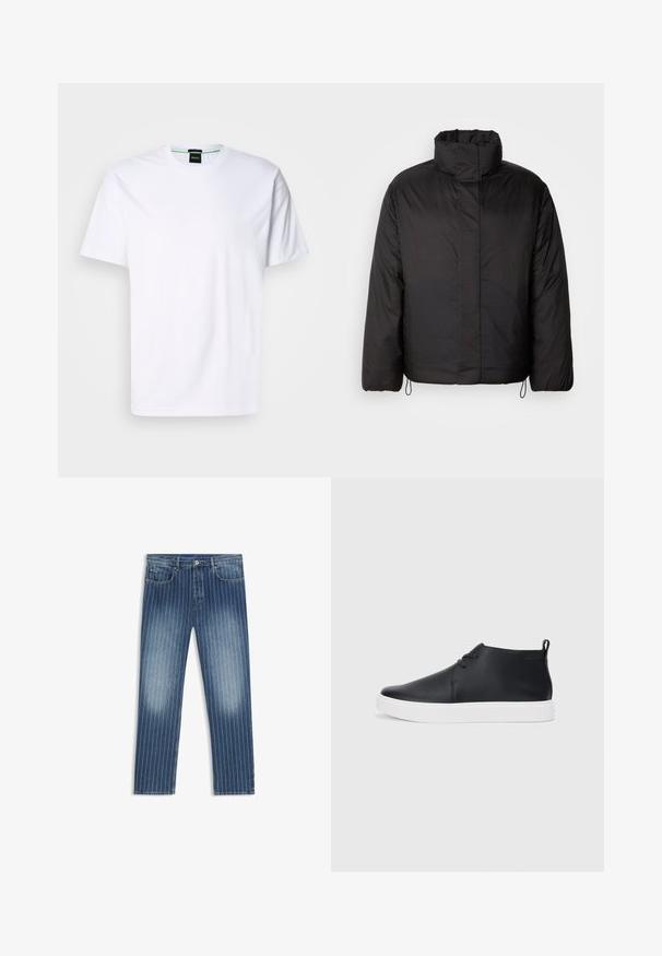 Svart dunjakke med høy krage, glidelås foran, lange ermer og elastiske snorer i kanten. Glatt, lett tekstur.; Hvit bomull T-skjorte med rund hals og korte ermer. Har en subtil logo trykt på forsiden i lys farge. Klassisk passform.; Denim jeans med stripemønster, middels blå farge, falmede områder, rett ben-kutt, fem lommer og metallknapplukking.; Svart skinnhøye sneakers med glatt finish, hvit gummisole og enkelt snøringdesign. Har en løftestropp bak.