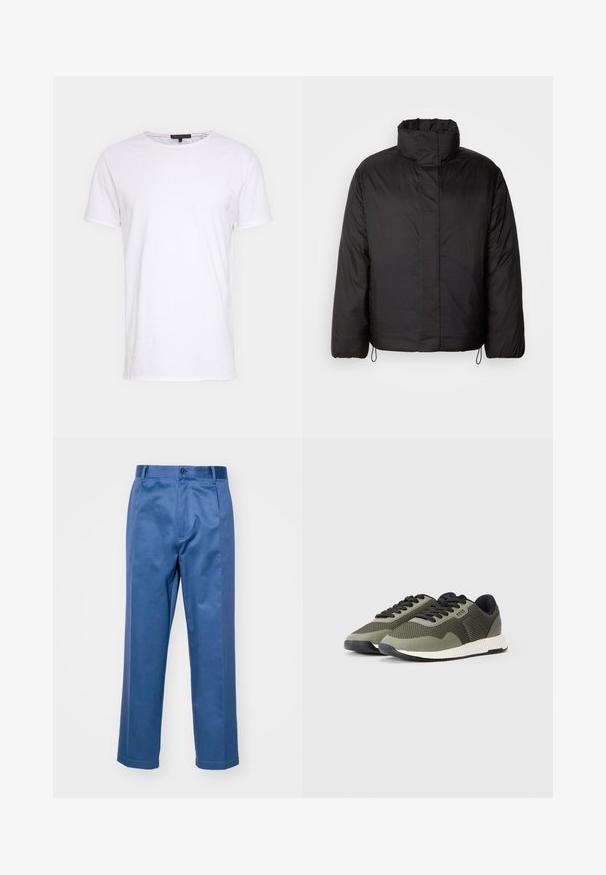 Juodas pūkinis švarkas su aukštu apykakle, užtrauktuku priekyje, ilgomis rankovėmis ir elastingais raišteliais hemėje. Lygus, lengvas tekstūras.; Balto medvilninio marškinėlių su apvalia iškirpte, trumpomis rankovėmis ir tiesiu pjūviu. Ypatybė - paprasta, lygi tekstūra be papildomų raštų.; Mėlyni kelnės, pagamintos iš lygaus audinio, su tiesiomis kojomis, mygtukų uždarymu ir subtiliomis siuvimo detalėmis.; Žalios tinklelio sportbačiai su juodais akcentais, tekstūruotas viršus, plokščios raišteliai ir balta, raižyta padas. Logotipas rodomas šone.