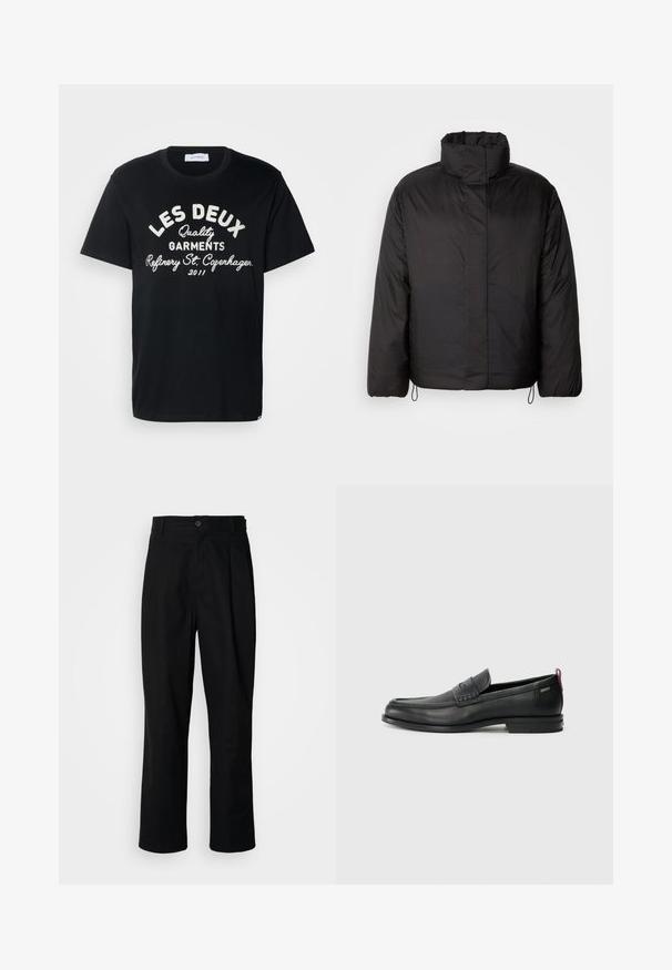 Čierna bundu s vysokým golierom, zipsom vpredu, dlhými rukávmi a elastickými šnúrkami na okraji. Hladký, ľahký materiál.; Les Deux BARRY - Tričko s potlačou - black; Čierne nohavice s rovnými nohavicami, s gombíkovým pásom, pútkami na opasok a predným záhybom, vystavené na jednoduchej bielej pozadí.; Čierne kožené mokasíny s textúrovaným predným panelom a hladkými bokmi. Majú úzky podpätok a zadný pútko pre jednoduché obúvanie. Klasický dizajn.