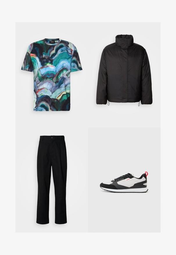 Juodas pūkinis švarkas su aukštu apykakle, užtrauktuku priekyje, ilgomis rankovėmis ir elastingais raišteliais hemėje. Lygus, lengvas tekstūras.; Scotch & Soda DIGITAL - Marškinėliai su spaudiniu - multi colour; Juodas tiesus kojų kelnes su sagomis juosmenyje, diržo kilpomis ir priekine raukšle, parodytas prieš paprastą baltą foną.; Juodos ir baltos sportinės bateliai su zomšiniais ir tinkleliais viršutiniais, su raudonu kilpiniu užtrauktuku ir tekstūruotu padu. Šnurojamas dizainas su logotipo detale.