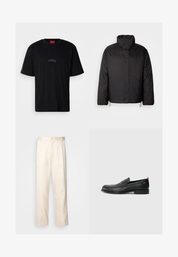 Must mustega jakk kõrge kraega, tõmblukk ees, pikad varrukad ja elastsed nöörid allääres. Siledast, kerge tekstuuriga.; Must t-särk lühikeste varrukatega, mille rindkerel on väikest stiilisõnaga "HUGO" tikand ja kaela sisemine punane silt.; Beesidised puuvillased püksid sirge jala lõikega, mis on varustatud nööpkinnituse ja ees olevate voltidega, et lisada detaili.; Mustad mustad nahast loafers tekstuuriga esipaneeli ja siledate külgedega. Omab peent kand ja tagumist silmust lihtsaks selga panemiseks. Klassikaline disain.