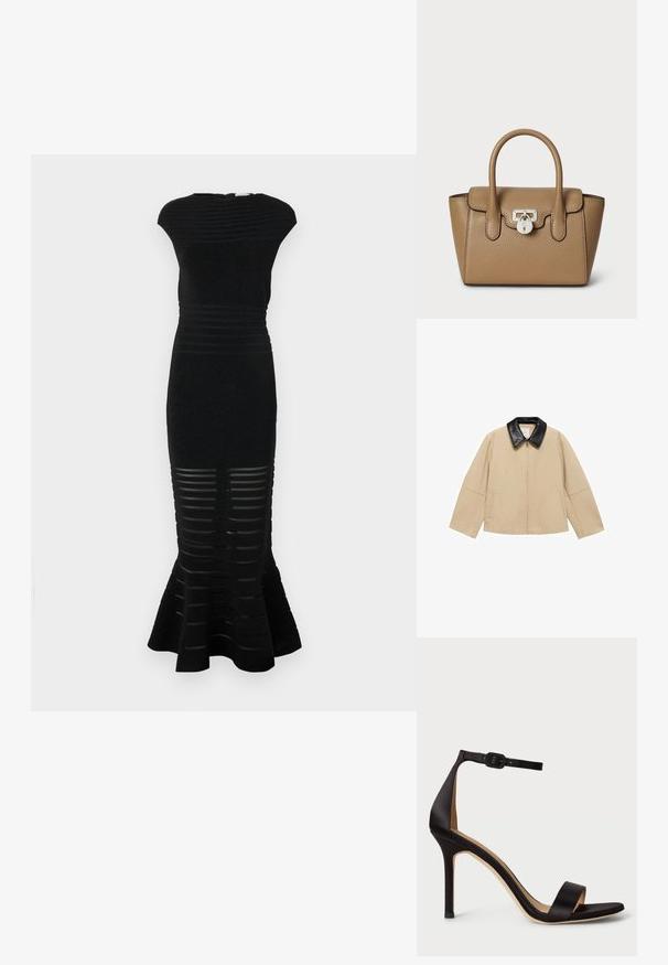 Beige takki, jossa on musta tekonahkakaulus, vetoketjusulkeminen ja kaksi sivutaskua; siinä on laatikkomainen muotoilu ja leveät hihat.; Mustapuku, jossa on istuva siluetti, ribattu pinta ja levenevä helma. Tässä on raidoitetut aukot alaosassa ja korkea kaula-aukko.; Sandaal yüksek topuklu siyah saten, ince bilek kayışıyla, açık burun tasarımı, pürüzsüz dokuya sahip ve ince stiletto topuklu. Kandal detay içerir.; Lauren Ralph Lauren PEBBLED LEATHER SMALL TANNER SATCHEL - Käsilaukku - camel