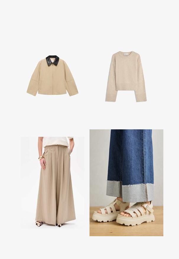 Beige jas met een zwarte faux leren kraag, ritsluiting en twee zijzakken; heeft een boxy ontwerp en brede mouwen.; Beige cropped sweater gemaakt van zacht breimateriaal. Heeft een ronde halslijn, lange mouwen en geribde boorden en onderkant voor extra textuur.; Beige gestreepte brede broek met een hoge taille, met zijzakken. Het model draagt een patroon op de hakken en een gouden armband.; Beige platform sandalen met dikke zolen hebben een gestructureerd ontwerp en verstelbare enkelriemen. Gecombineerd met brede denim broeken, waarvan één zoom is geverfd.