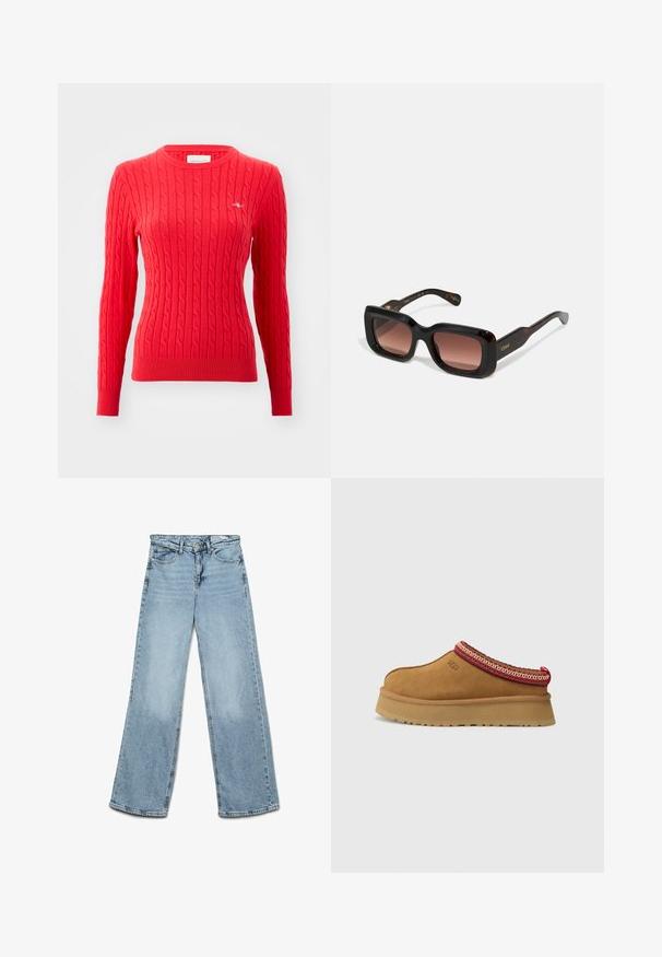 Beige jas met een zwarte faux leren kraag, ritsluiting en twee zijzakken; heeft een boxy ontwerp en brede mouwen.; Rode kabelgebreide trui met lange mouwen, geribbelde manchetten en zoom, ronde halslijn en een klein logo-detail op de borst. Zachte textuur.; Lichtblauwe wijde jeans van denim, met een klassiek vijf-pocket ontwerp en een rechte snit met minimale vervaging op de benen.; Bruine suède instapschoen met een rood en crèmekleurig patroon aan de rand, een gestructureerde zool en het UGG-logo aan de zijkant. Heeft een lichte platformhoogte.; Rechthoekige zonnebrillen met een donker schildpadmotief frame, gradient bruine lenzen en gouden branding op de slapen. Gladde textuur, gedurfd ontwerp.