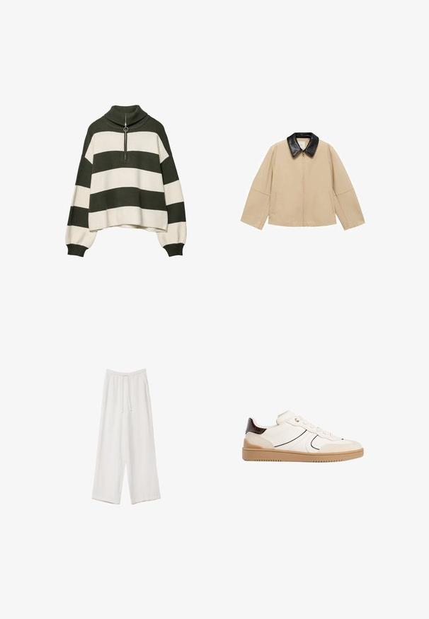 Beige jas met een zwarte faux leren kraag, ritsluiting en twee zijzakken; heeft een boxy ontwerp en brede mouwen.; Gebreide trui met een hoge kraag, voorzien van olijfgroene en crème horizontale strepen. Inclusief een zilveren ritssluiting bij de hals.; Witte wijde broek gemaakt van een lichte stof. Voorzien van een elastische tailleband met een trekkoord en zijzakken. Zachte textuur.; Stradivarius Sneakers laag - white