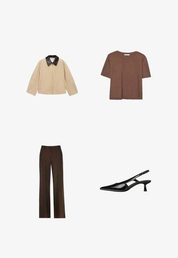 Giacca beige con colletto in finta pelle nera, chiusura con zip e due tasche laterali; presenta un design squadrato e maniche larghe.; Maglietta a maniche corte marrone realizzata in tessuto morbido, con scollatura rotonda e vestibilità rilassata. Nessun motivo o dettaglio visibile.; Pantaloni a gamba larga marroni con una texture liscia, dotati di chiusura frontale con bottone, passanti per cintura e dettaglio delle pieghe sul davanti.; Tacchi slingback in pelle verniciata nera con punta affusolata, design con tagli laterali e tacco quadrato piccolo. Texture liscia con dettagli minimi.