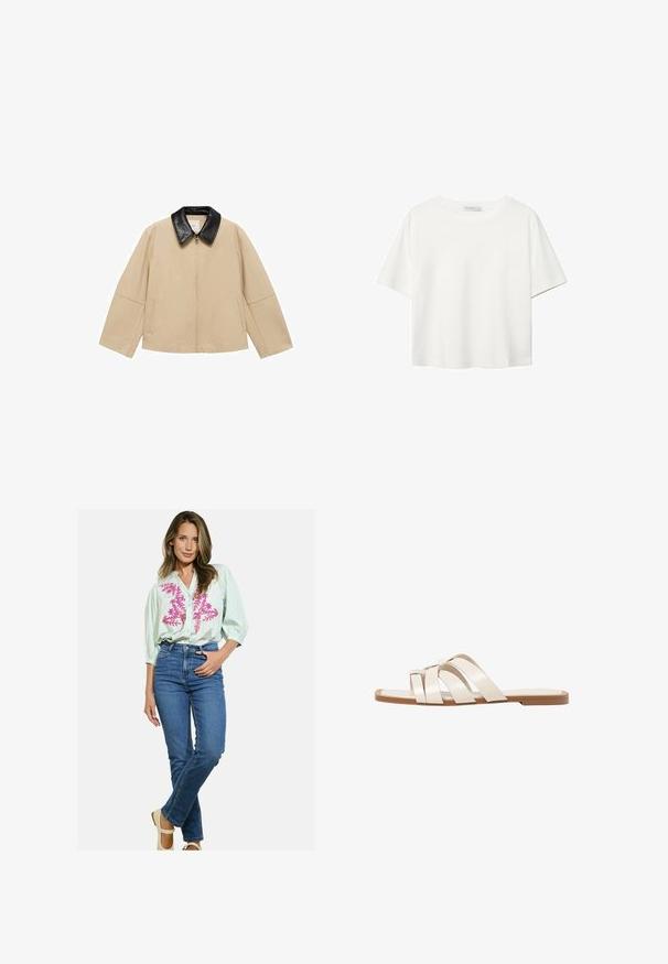 Beige takki, jossa on musta tekonahkakaulus, vetoketjusulkeminen ja kaksi sivutaskua; siinä on laatikkomainen muotoilu ja leveät hihat.; Valkoinen lyhythihainen T-paita, joka on tehty puuvillasta. Siinä on pyöreä kaula-aukko ja rento malli. Silkkinen pinta ilman näkyviä kuvioita tai koristeita.; Vaaleanvihreä raidallinen napitettava paita, jossa on vaaleanpunainen kukkakirjailu, yhdistetty sinisiin farkkuihin ja beigenvärisiin kenkiin. Malli seisoo käsivarret lanteilla.; Tason vaaleanruskealla kumipohjalla, jossa on kolme päällekkäistä valkoista nahkaremmiä ja pieni satiininen rusetti keskellä.