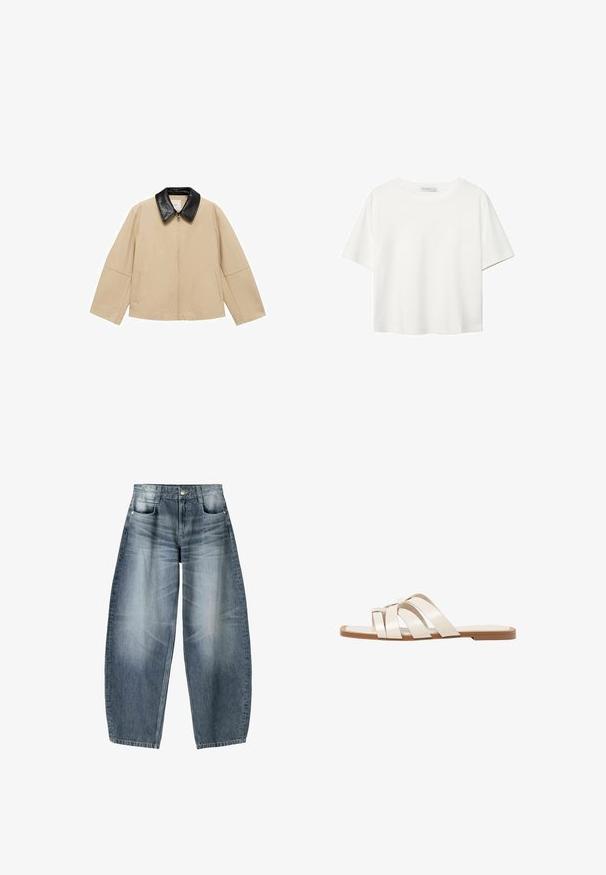 Bež jakna s crnim umjetnim kožnim ovratnikom, zatvaranjem na patent, i dva bočna džepa; ima kutasti dizajn i široke rukave.; Bijela majica kratkih rukava od pamuka. Ima okrugli izrez i opušteni kroj. Glatka tekstura bez vidljivih uzoraka ili naglasaka.; Široke traperice od svijetloplavog denima s izblijedjelim dijelovima, s dizajnom od pet džepova, zakopčavanjem na dugme i minimalnim detaljima šavova.; Ravne sandale s smeškom od gume, dizajnirane s tri preklapajuće bele kožne trake i malim detaljem mašne u sredini.