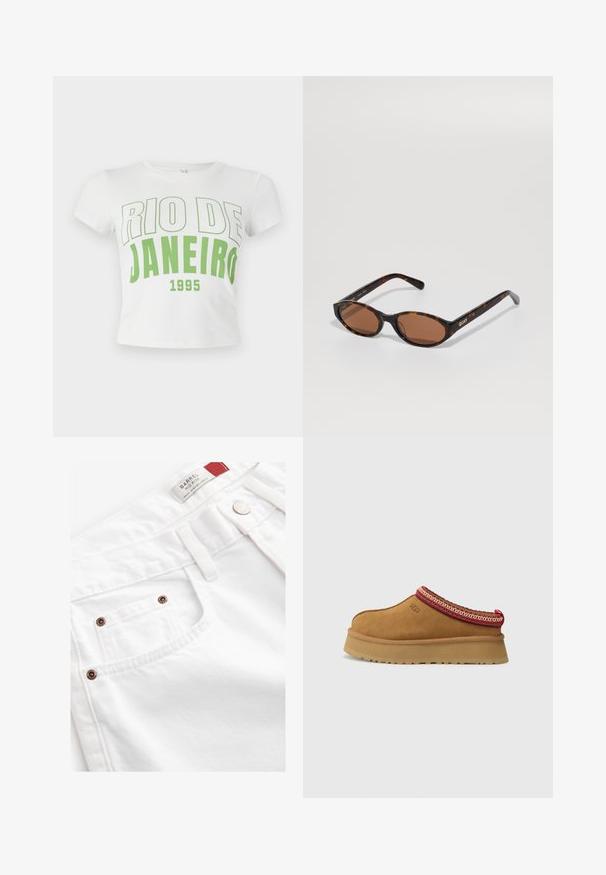 Beige Jacke mit einem schwarzen Kunstlederkragen, Reißverschluss und zwei Seitentaschen; zeichnet sich durch ein kastiges Design und weite Ärmel aus.; Weißes Baumwoll-Crop-T-Shirt mit grüner Schrift "RIO DE JANEIRO 1995" in fetter Schriftart, kurzen Ärmeln und rundem Ausschnitt.; Weiße Denim-Shorts mit einer mittelhohen Taille, im fünf-Taschen-Stil und Akzenten aus kupferfarbenem Metall. Texturiertes Material mit gestickten Details.; Braune Wildleder-Slipper mit rot-creamfarbenem gemusterten Besatz, strukturiertem Absatz und UGG-Logo an der Seite. Verfügt über eine leichte Plattformhöhe.; Schildpatt ovalen Sonnenbrillen mit braunen Gläsern, schräg gehalten, um das "QUAY"-Logo am rechten Gestell auf einem schlichten Hintergrund zu zeigen.; Liebeskind Berlin KAYLA SATCHEL - Handtasche - schwarz