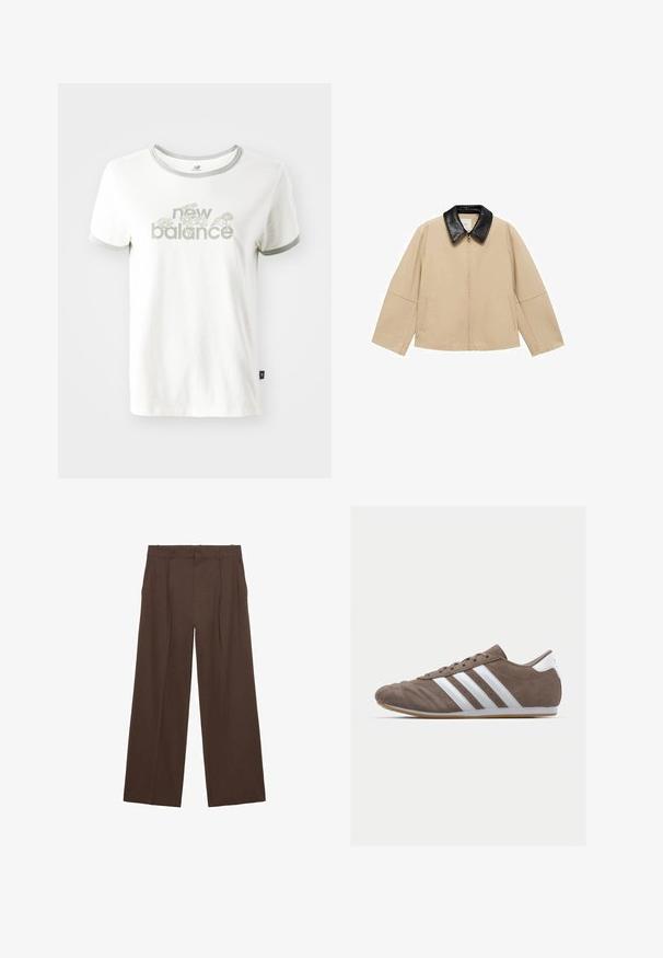 Bežna jakna z ovratnikom iz črnega umetnega usnja, z zadrgo in dvema stranskima žepoma; ima škatlast dizajn in široke rokave.; Bela bombažna majica s sivim obrobljem, ki ima cvetlični vzorec in napis "new balance" v svetlo zeleni barvi. Kratki rokavi, standardna prileganje.; Rjave široke hlače iz gladkega materiala, ki imajo visok pas, sprednje gube in dve stranski žepi.; Rjav semafor športni copat z belimi črtami, okroglo nos, vezalni dizajn in gumijastim podplatom. Tekstura zgornjega dela s šivi.