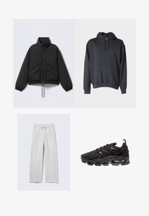 Casaco acolchoado preto com gola alta, fecho de correr, punhos elásticos e dois bolsos frontais inclinados. Tecido liso e leve.; Hoodie cinza escuro feito de um tecido macio, com um bolso frontal, cordões no capuz e punhos e barra canelados.; Calças de moletão cinza claro feitas de um tecido macio, com um cós elástico e cordão de ajustamento, além de bolsos laterais. Design largo e de perna reta.; Sapatos de desporto pretos com um upper de tecido texturizado, detalhes brilhantes e uma sola proeminente com almofada de ar. Apresenta elementos de design distintos em forma de ondas.
