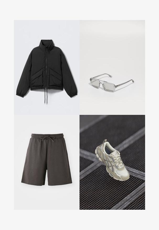 Black padded jacket with a high collar, zip closure, elasticated cuffs, and two angled front pockets. Smooth, lightweight fabric.; White button-up shirt with a grid pattern in navy, featuring a chest pocket, rounded hem, and wooden buttons. Lightweight fabric.; Dark gray shorts made from soft fabric, featuring an elastic waistband, adjustable drawstring, and knee-length fit. Smooth texture, no patterns.; Beige athletic shoe featuring a textured mesh upper, subtle gray accents, and a padded tongue. Rounded, cushioned sole design for comfort.; Emporio Armani Sunglasses - shiny transparent grey