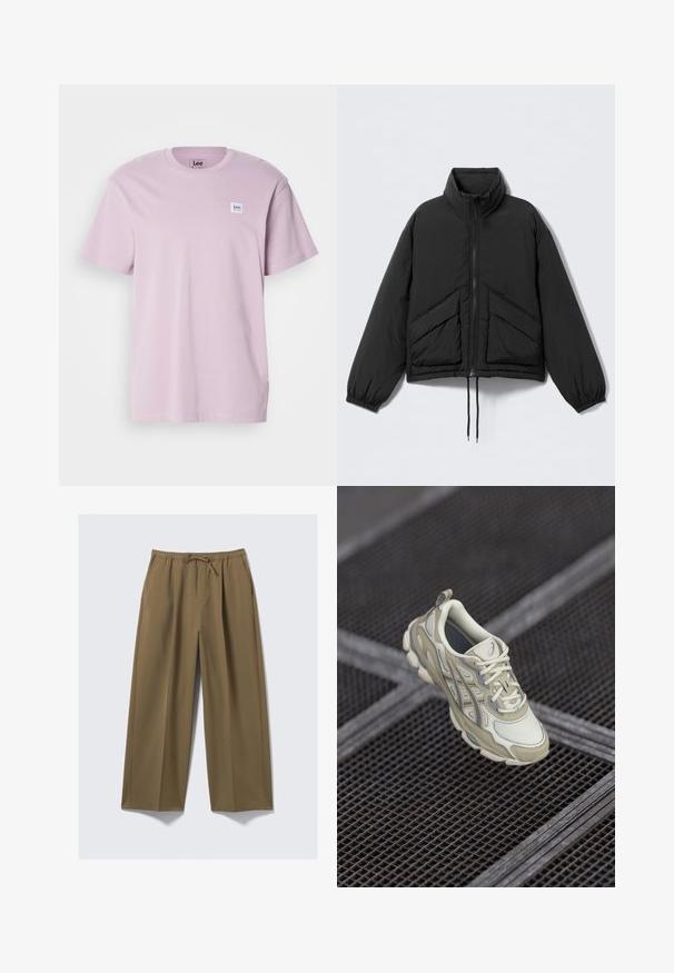Zwarte gewatteerde jas met een hoge kraag, ritssluiting, elastische manchetten en twee schuine voorzakken. Gladde, lichtgewicht stof.; Lichtpaarse T-shirt met korte mouwen van katoen, met een klein wit rechthoekig logo-op een patch op de linkerborst. Zachte textuur.; Wijduitlopende broeken in olijfgroen, gemaakt van zachte stof met een elastische tailleband en een verstelbaar trekkoord. Beschikt over twee zijzakken.; Beige sportschoen met een gemêleerde mesh bovenkant, subtiele grijze accenten en een gewatteerde tong. Rounded, gevoerde zoolontwerp voor comfort.