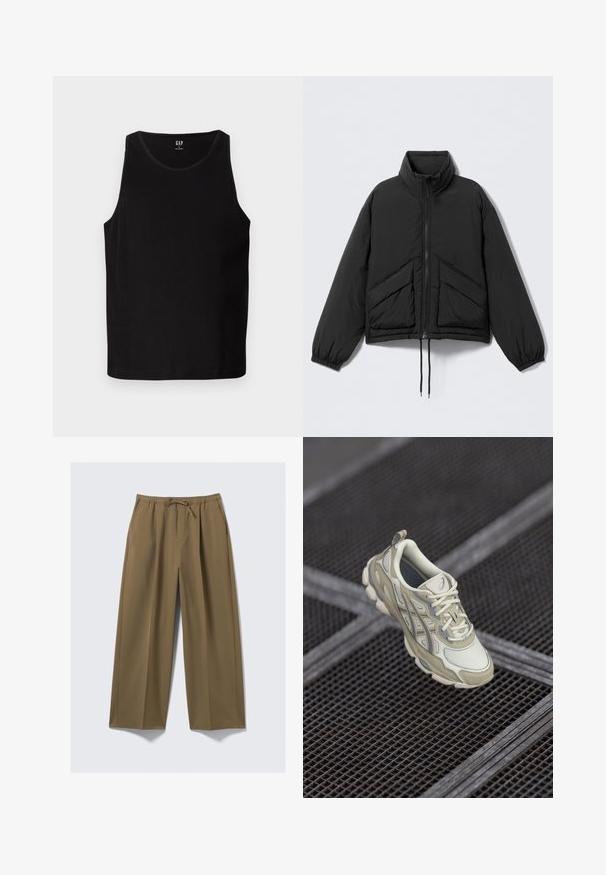 Chaqueta acolchada negra con cuello alto, cierre de cremallera, puños elásticos y dos bolsillos frontales en ángulo. Tejido liso y ligero.; Top de tanque negro con relieve, con amplios orificios para los brazos y un escote redondeado. Presenta una textura de tela suave y un logo sutil en la parte delantera.; Pantalones de pierna ancha en verde olivo, confeccionados con una tela suave, con cintura elástica y cordón ajustable. Cuenta con dos bolsillos laterales.; Zapatilla deportiva beige con parte superior de malla texturizada, sutiles acentos en gris y lengüeta acolchada. Diseño de suela redondeada y acolchada para mayor comodidad.