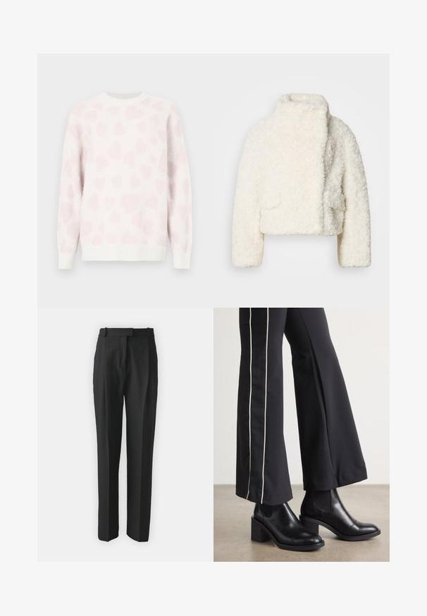 White faux fur cropped jacket with a high collar, textured surface, and two front pockets. Features a relaxed fit and soft fabric.; White sweater with a soft texture, featuring a pink heart pattern. Round neck and ribbed cuffs accentuate the design.; Black tailored trousers made from lightweight fabric, featuring a straight cut, flat front, and belt loops. Smooth texture with no visible patterns.; Black leather ankle boots with a block heel, featuring elastic side panels. Paired with black pants that have a white side stripe.