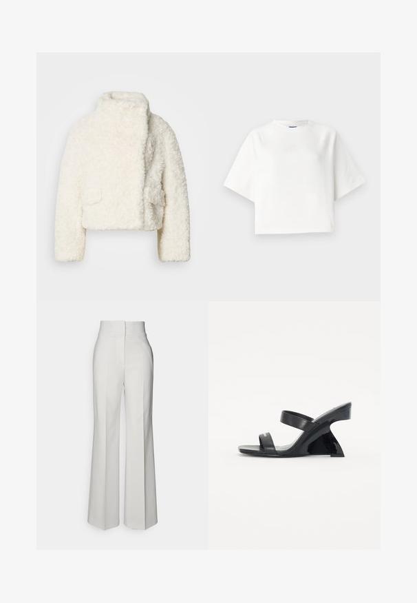 Valge faux fur lühike jakk kõrge kraega, tekstureeritud pind ja kaks eesmist taskut. Omab lõdva istuvust ja pehmet kangast.; Valge ülemõõduline t-särk lühikeste raglansärklitega, valmistatud pehmest kangast. Omab diskreetset logo rinnal ja ümmargust kaelust.; Laiad valged püksid kõrge vöökohaga, valmistatud siledast kangast, esiosas rõhuing detailidega ja puhaste lõigetega.; Mustad mustad kildiga sandaalid kahe horisontaalse rihmaga. Valmistatud siledast nahast, millel on stiilne, nurkadega kand ja läikiv viimistlus.