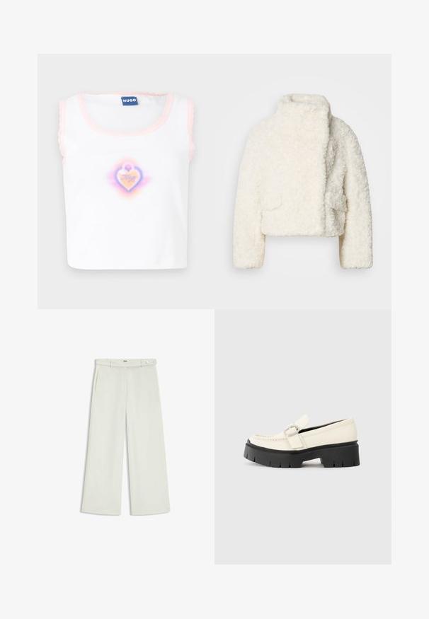 Chaqueta corta de piel de imitación blanca con cuello alto, superficie texturizada y dos bolsillos delanteros. Presenta un ajuste relajado y una tela suave.; Top sin mangas blanco con borde en rosa en forma de concha, que presenta un gráfico central de corazón en colores pastel con el texto "Hugo" en su interior.; Pantalones de pierna ancha en tejido crema claro, con bolsillos laterales, frontales lisos y un cierre de botón único en la cintura. Textura suave.; Mocasines de piel blanca con suela de plataforma negra gruesa, que cuentan con una hebilla rectangular plateada y detalles de costura visibles en la parte superior.