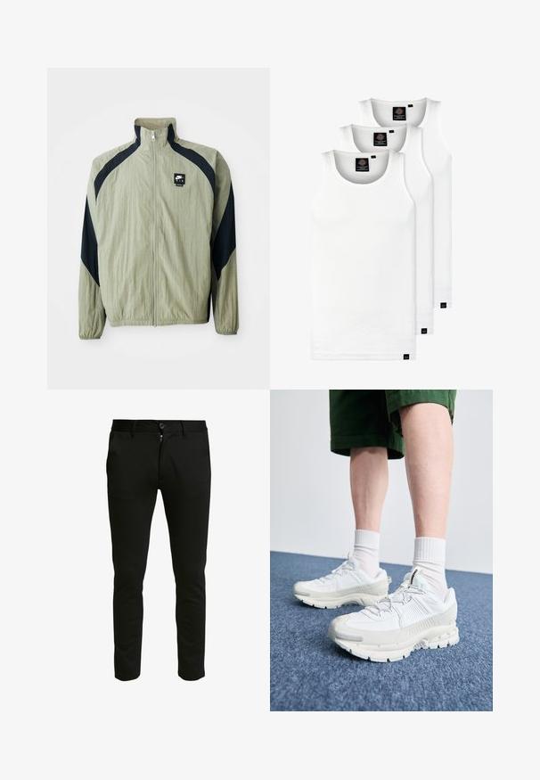 Šviesiai žalia zip-up striukė su tamsiai mėlynomis detalėmis, raglano rankovėmis ir tekstūruota medžiaga; ant viršutinės kairės pusės yra logotipas.; Trys balti, dryžuoti marškiniai be rankovių, pagaminti iš medvilnės. Yra apvalus kaklas ir maži juodi etiketės netoli siūlės. Siūlomi įvairių dydžių.; Juodi, aptempti kelnių modeliai, pagaminti iš minkštos medžiagos. Su užtrauktuku ir mygtuko uždarymu, dviem šoninėmis kišenėmis ir lygaus, švelnaus paviršiaus. ; Baltos sportinės bateliai su tekstūruotais uždengimais, masyviu padu ir pilkais akcentais. Dėvimi su baltais trumpais kojiniais ir žaliais šortais mėlyname paviršiuje.