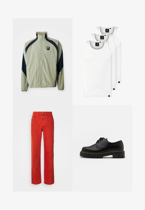 Lys grønn jakke med glidelås og marineblå detaljer, raglanermer, og et teksturert stoff; har en merkevarelogo på øverste venstre side.; Tre hvite ribbestrikkede tank topper laget av bomull. Har en rund hals og små svarte etiketter nær kanten. Tilgjengelig i flere størrelser.; Røde denimbukser med rette ben, som har knappestengning, to frontlommer og et jevnt, litt teksturert stoff.; Svart lær snøresko med rund tå, teksturert gummisåle og gul søm rundt bunnen. Flat design og glatt overflate.