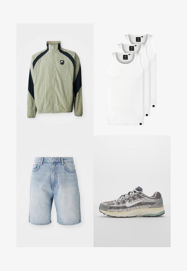 Svetlo zelena zip-up jakna z mornarskimi poudarki, raglan rokavi in teksturirana tkanina; na zgornji levi strani je logotip blagovne znamke.; Tri bele rebraste majice brez rokavov iz bombaža. Imajo okroglo izreza in majhne črne etikete blizu roba. Na voljo v več velikostih.; Svetlo modri jeans kratke hlače z visokim pasom, petimi žepnimi oblikami in kontrastnim šivanjem. Obdelani robovi in kovinski gumb za zapiranje.; Sive športne čevlje z zgornjim delom iz mrežastega in semiš materiala, belimi akcenti, oblazinjenim podplatom ter edinstvenim dizajnom z odsevnimi elementi.