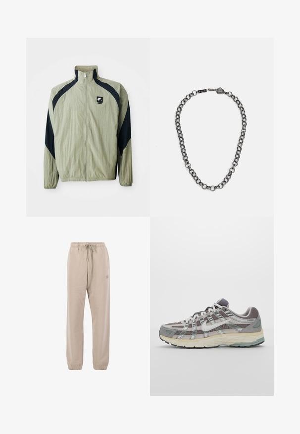 Svetlozelená zipová bunda s námorníckymi akcentmi, raglánovými rukávmi a textúrovaným materiálom; obsahuje značkové logo na ľavej hornej strane.; Tri biele rebrované tielka vyrobené z bavlny. Majú okrúhly výstrih a malé čierne štítky pri leme. Dostupné v rôznych veľkostiach.; Béžové tepláky z jemného materiálu, s šnúrkou v páse, elastickými manžetami a malým logom na boku.; Šedá športová obuv so zvrškom z nylonu a semišu, bielymi akcentmi, polstrovanou podrážkou a jedinečným dizajnom s reflexnými prvkami.; Kovová retiazka na krk s predĺženými článkami v tmavej gunmetalovej farbe. Obsahuje geometrický akcent a uzáver s detailom značky.
