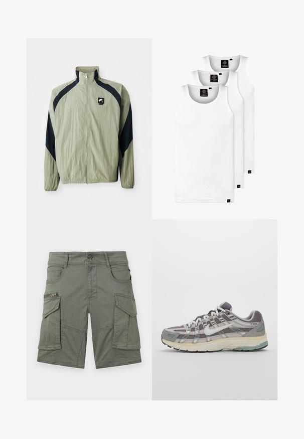 Light green zip-up jacket with navy accents, raglan sleeves, and a textured fabric; features a branded logo on the upper left side.; Three white ribbed tank tops made of cotton. Features a crew neck and small black labels near the hem. Available in multiple sizes.; Olive-green cargo shorts made of cotton blend fabric. Features multiple pockets, including a zip pocket, and sturdy stitching details.; Gray athletic shoe featuring a mesh and suede upper, white accents, a cushioned sole, and a distinctive design with reflective elements.