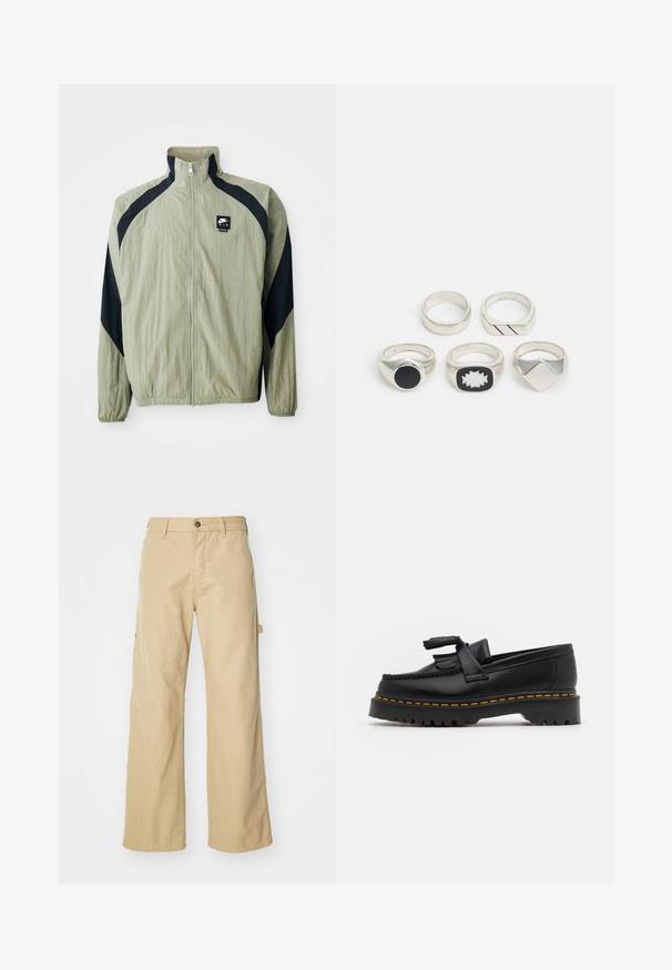 Svijetlozeleni zip-up jakna s mornarskim naglascima, raglan rukavima i teksturiranim materijalom; sadrži brendirani logo na gornjoj lijevoj strani.; Tri bijele rebraste majice bez rukava od pamuka. Imaju okrugli izrez i male crne oznake blizu rubova. Dostupne su u više veličina.; Bež hlače širokog nogavice s kopčanjem na gumb, s bočnim džepovima, izrađene od čvrstog pamučnog materijala, glatke teksture i ravnog kroja.; Crna kožna loaferica s resicama, koja ima čvrst crni potplat i žute šavove duž ruba. Teksturirana završna obrada.; Pet srebrne prstenje: jedan s crnim kružnim detaljem, jedan s bijelim i crnim geometrijskim uzorkom, a ostali s različitim oblicima i završnim obradama.