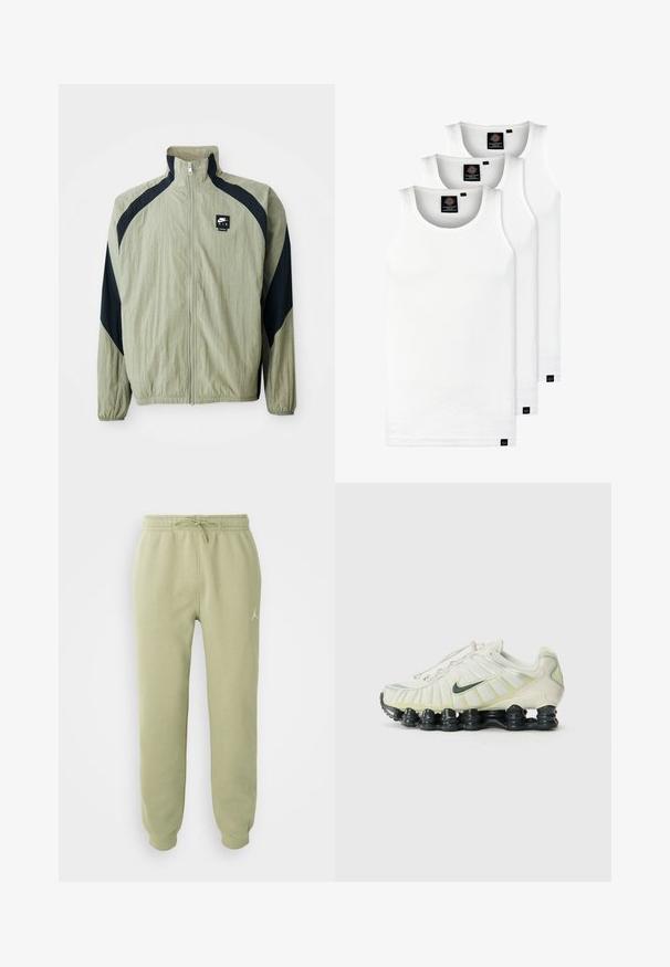 Lichtgroene ritsjack met marineblauwe accenten, raglanmouwen en een textuurstof; heeft een merklogo op de linker bovenkant.; Drie witte geribde tanktops van katoen. Kenmerken zijn een ronde hals en kleine zwarte labels nabij de zoom. Verkrijgbaar in meerdere maten.; Lichtgroene joggers met een elastische tailleband, trekkoord, cuffed enkels en een klein Jumpman-logo op de rechterdij.; Witte en lichtgroene Nike-sneakers met een gestructureerde bovenkant, zichtbare veters en een zwart segmenten-zool, met reflecterende accenten.