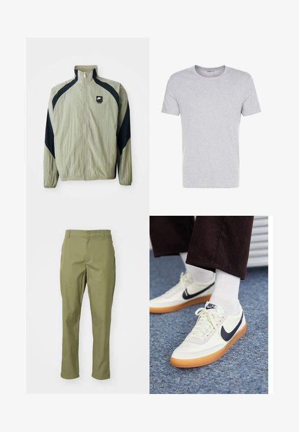 Heleda roheline lukuga jakki tumesiniste aksendidega, raglanvarrukatega ja tekstuurse kangaga; vasakul ülal nurgas on brändi logo.; Hallhalli puuvillane T-särk ümmarguse kaelusega, lühikeste varrukate ning lihtsa disainiga, millel on pehme ja siledan tekstuur ning pole nähtavaid mustreid ega kaunistusi.; Olive roheline pükste sirge jala siluett, millel on nööbi sulgemine ja kohandatud disain. Sile materjal, ilma nähtavate mustriteta.; Valge nahast Nike tossud tumesinise swooshiga, gummi kummimisel ja valgete paeltega, koos valgete pikkade sokkide ja tumeda sametpuuvillaste pükstega.