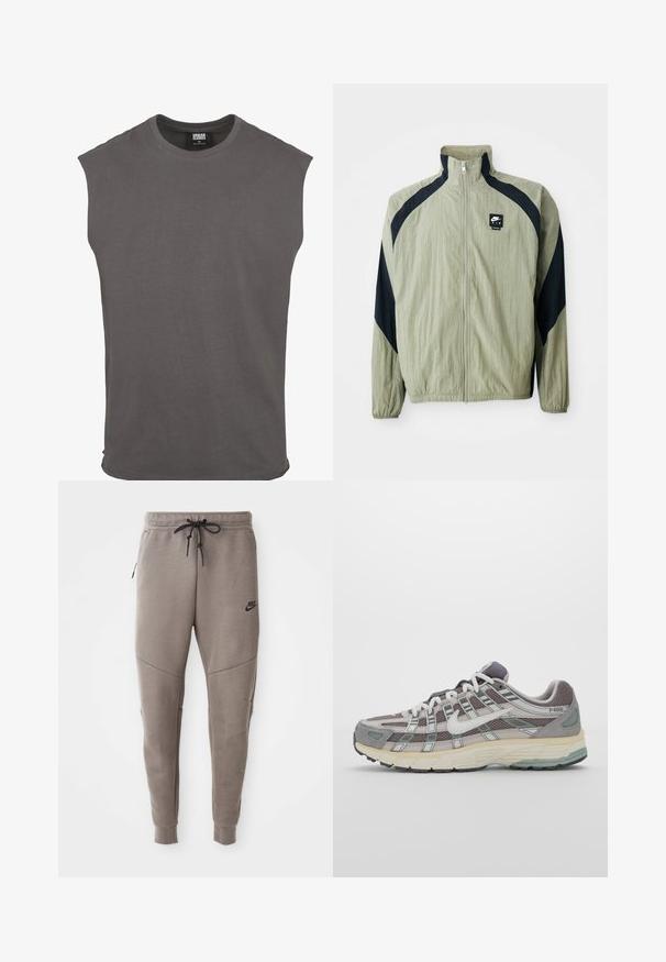Gaiši zaļa jaka ar rāvējslēdzēju un tumši zilām detaļām, raglāna piedurknēm un strukturētu audumu; augšējā kreisajā pusē ir zīmola logo.; Īss piedurkņu pelēks kokvilnas T-krekls ar apaļu kakla izgriezumu un brīvu piegriezumu. Vienkāršs dizains, maiga tekstūra, bez rakstiem vai redzamām detaļām.; Pelēki Nike sporta bikses ar aukliņu viduklī, sašaurinātiem galiem, sānu kabatām un izteiktām šuvēm. Mīksta, teksturēta auduma.; Pelēkie sporta apavi ar tīkla un zamša augšdaļu, baltiem akcentiem, mīkstinātu zoli un izcilu dizainu ar atstarotājiem.