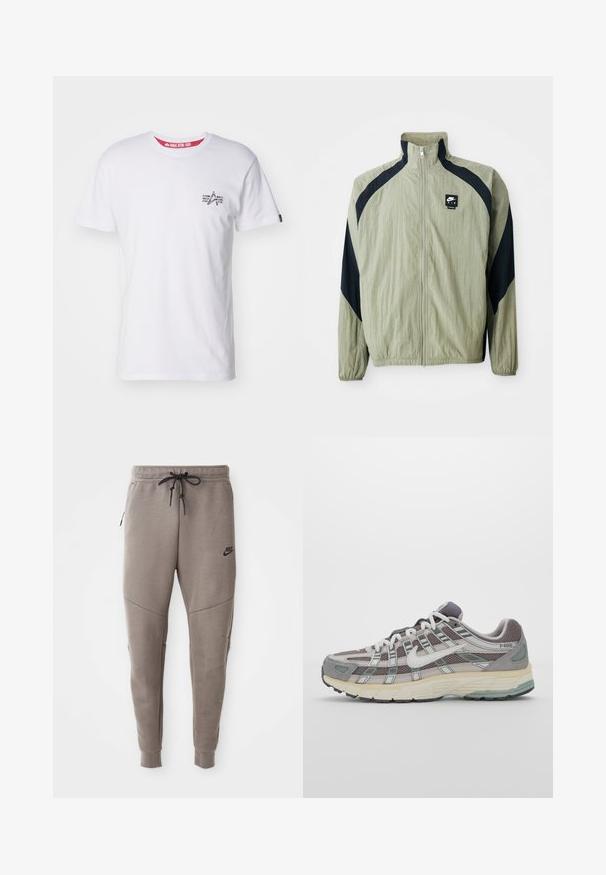 Světlě zelená zipová bunda s námořnickými akcenty, raglánovými rukávy a texturovanou tkaninou; má brandované logo na horní levé straně.; Bílý bavlněný tričko s malou grafikou na levé straně hrudníku, kulatým výstřihem a krátkými rukávy, s červeným detailem uvnitř štítku.; Šedé Nike tepláky s elastickým pasem na šňůrku, zúženými nohavicemi, bočními kapsami a charakteristickým švem. Měkká, strukturovaná tkanina.; Šedá sportovní obuv s vrchní částí z mikrovlákna a semiše, bílými akcenty, polstrovanou podrážkou a jedinečným designem s reflexními prvky.