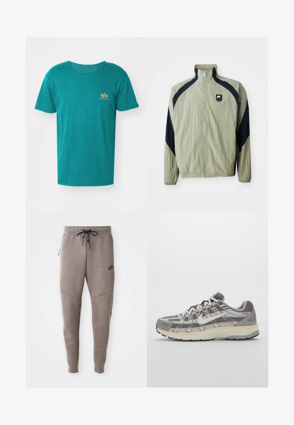 Gaiši zaļa jaka ar rāvējslēdzēju un tumši zilām detaļām, raglāna piedurknēm un strukturētu audumu; augšējā kreisajā pusē ir zīmola logo.; Alpha Industries SMALL LOGO - Pamata T-krekls - force green; Pelēki Nike sporta bikses ar aukliņu viduklī, sašaurinātiem galiem, sānu kabatām un izteiktām šuvēm. Mīksta, teksturēta auduma.; Pelēkie sporta apavi ar tīkla un zamša augšdaļu, baltiem akcentiem, mīkstinātu zoli un izcilu dizainu ar atstarotājiem.