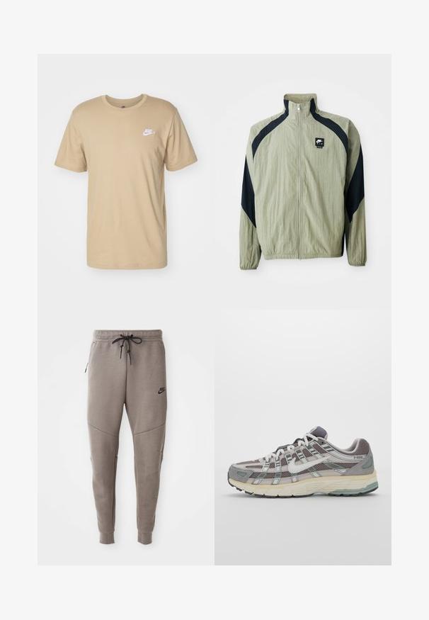 Světlě zelená zipová bunda s námořnickými akcenty, raglánovými rukávy a texturovanou tkaninou; má brandované logo na horní levé straně.; Nike Sportswear CLUB TEE - Jednoduché tričko - khaki; Šedé Nike tepláky s elastickým pasem na šňůrku, zúženými nohavicemi, bočními kapsami a charakteristickým švem. Měkká, strukturovaná tkanina.; Šedá sportovní obuv s vrchní částí z mikrovlákna a semiše, bílými akcenty, polstrovanou podrážkou a jedinečným designem s reflexními prvky.