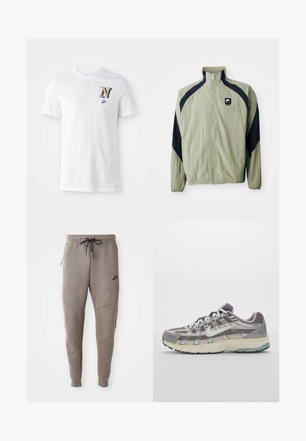 Lys grønn jakke med glidelås og marineblå detaljer, raglanermer, og et teksturert stoff; har en merkevarelogo på øverste venstre side.; Hvit bomulls T-skjorte med et kamuflasjemønstret "N"-logo og en liten lilla Nike-swoosh på brystet. Klassisk rund hals design.; Grå Nike joggebukser med snor i midjen, smale ben, sidelommer og distinkte sømdetaljer. Myk, teksturert stoff.; Grå treningssko med overdel i nett og semsket skinn, hvite detaljer, en polstret såle, og et særpreget design med reflekterende elementer.