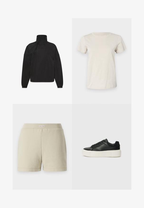 Čierna ľahká bunda s vysokým golierom, zipsom, elastickými manžetami a logom na prednej strane, vyrobená z hladkého, vodeodolného materiálu.; Svetlo béžové tričko s krátkym rukávom z bavlny s okrúhlym výstrihom a jemným textovým detailom vpredu. Hladká textúra a voľný strih.; Béžové bavlnené šortky s rebrovaným pásom. Obsahujú diskrétnu značku na prednej strane. Rovný strih s lemovanými okrajmi a hladkou textúrou.; Čierne kožené tenisky s okrúhlou špičkou, bielou platformou a čiernymi šnúrkami. Obsahujú diskrétnu logo na päte a hladkú textúru.